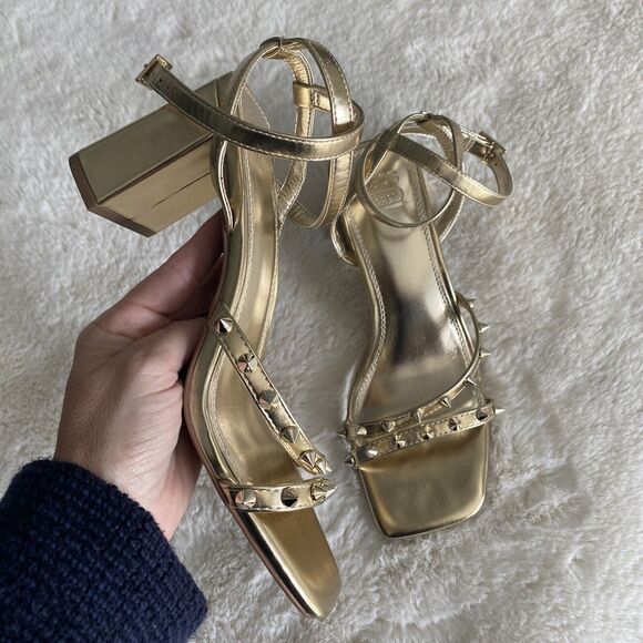 New Asos Hampstead Women's 8 Gold Studded Sexy Strappy Mid Block Heel Sandals - Picture 2 of 8